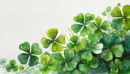 Oil painting of a four-leaf clovers pure white background canvas, copyspace on a side - obrazy, fototapety, plakaty