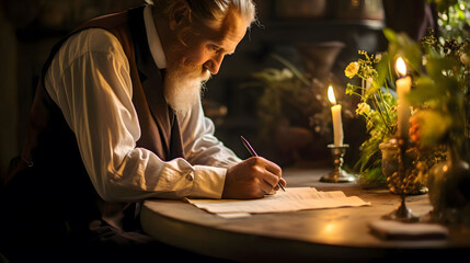 Obraz na płótnie Canvas Closeup of senior man writing letter