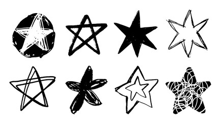Set of black doodle style stars drawn by hand. Grunge scrawls, charcoal scribbles, rough brush strokes, underlines. Bold charcoal freehand stars. Crayon or marker scribbles - obrazy, fototapety, plakaty