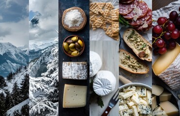 Alpine Winter and Gourmet Delicacies Collage, images displaying various types of foods and cheeses