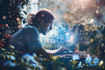 Digitale Magie: Junger Mann mit Laptop im Wald