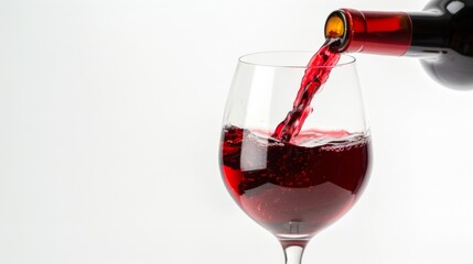 Red wine being poured into a glass, creating a swirling splash, against a soft white background, perfect for culinary and festive themes.