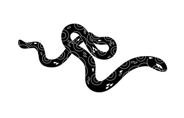 Slender snake silhouette. Monochrome serpent line art. Black patterned viper. Venomous reptile with geometric shapes on scale. Poisonous cold blooded animal. Flat isolated vector illustration on white
