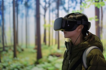 individual wearing vr headset at virtual forest exhibition