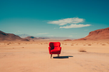 Generative Ai image of a red chair in the middle of the desert.