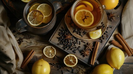 beautiful tea presented from a top view, infused with elements of lemon, cinnamon, cloves, and other spices, evoking warmth and comfort.