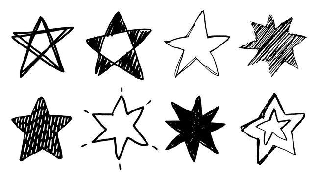 Set of black doodle style stars drawn by hand. Grunge scrawls, charcoal scribbles, rough brush strokes, underlines. Bold charcoal freehand stars. Crayon or marker scribbles