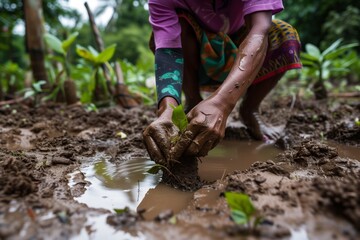 Fototapeta premium individual planting trees in a region affected by floods