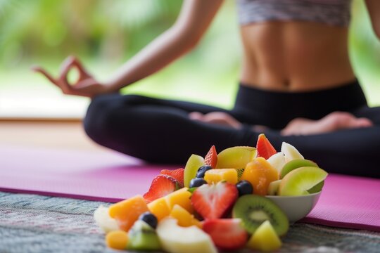 yoga pose with a peaceful fruit salad blend