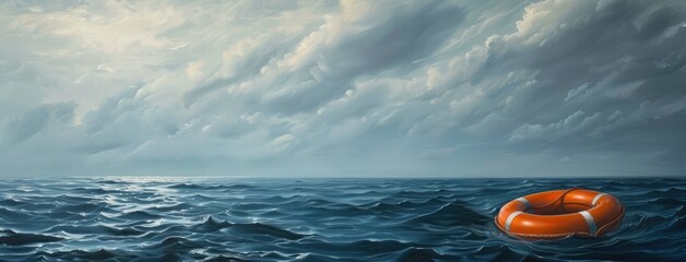 safety and hope amidst the vastness of the open sea with an orange lifebuoy floating serenely, symbolizing protection and optimism under the expansive sky.
