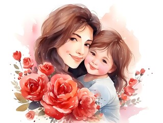 Happy Mothers Day Celebration With Smiling Mother Embracing Child Among Blooming Roses