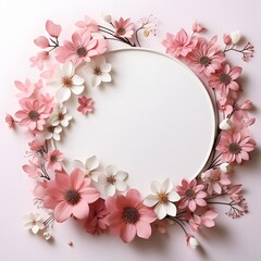 Mothers Day Floral Round Frame With Pink Cherry Blossoms on White Background