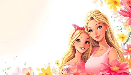 Obraz na płótnie Canvas Beautiful Blonde Cartoon Mother and Daughter With Flower Accents in Pink Dreamy Setting