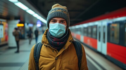 A masked man waiting for a train at the station to prevent the spread of a viral illness.