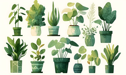 Watercolor plants in pots collection on white background, Generative AI - obrazy, fototapety, plakaty