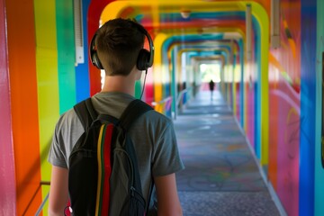 teenager wearing headphones strolling in a vibrant corridor