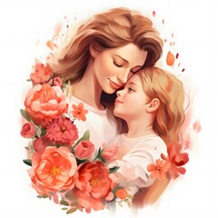 Mother and Daughter Surrounded by Blossoming Flowers on a Serene White Background