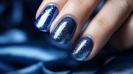 Glamorous woman's hand with deep blue nail polish on her nails. Nail manicure with gel polish in a luxury beauty salon. Nail art and design. Model of a woman's hand - obrazy, fototapety, plakaty