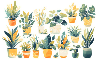 Watercolor plants in pots collection on white background, Generative AI