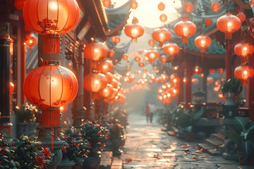 Obraz na płótnie Canvas Chinese Lantern-Lit Street Scene at Morning