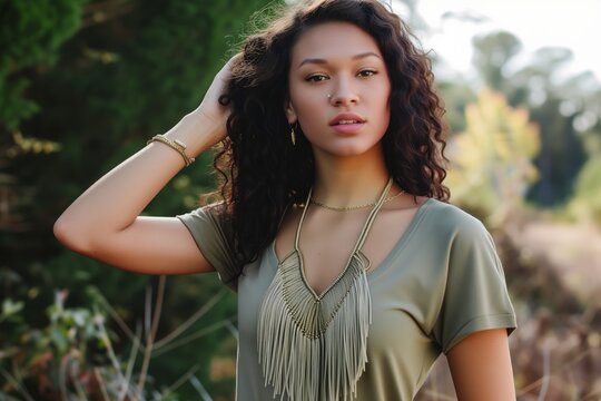 model posing with a boho fringe necklace