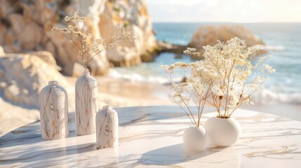 a white marble table set up for a mockup against the backdrop of a romantic beach wedding reception, featuring soft sand, gentle waves, and dreamy coastal decor.
