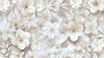 flowers and leaves in soft white and light colors, to showcase delicate botanical elements, perfect for various design applications. SEAMLESS PATTERN.