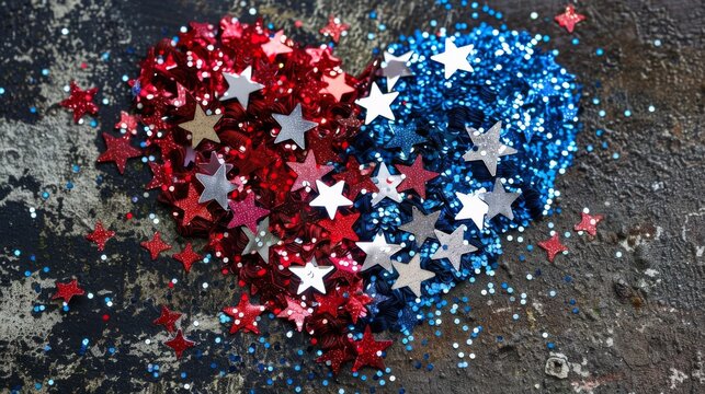 Closeup of glitter stars confetti in USA flag colors in heart shape. Template for national holidays background - Independence day(4th of July), Veterans day, Labor day, Memorial day concept.