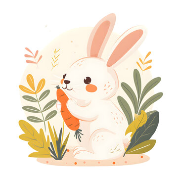 cute bunny eating carrot, flat illustration, cartoon style