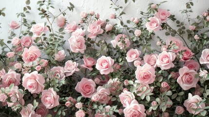 pink roses and tender green leaves flourishing against white walls, evoking feelings of love and tenderness, beautifully blending with the aesthetic style.