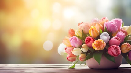 Colorful Tulip Bouquet in Vase Celebrating Mothers Day on Sunny Tabletop