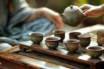 Sip of Serenity: Cup of Tea and Teapot on Wooden Outdoor Table - Tranquil Moment, Nature's Ambiance, and Relaxing Beverage Delight in Al Fresco Setting