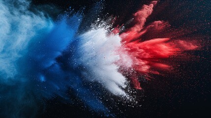 Vibrant French Tricolor powder explosion on white backdrop, representing celebration, football, and tourism in Europe.
