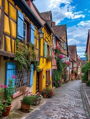 Vivid historic half-timbered homes in a picturesque French village.