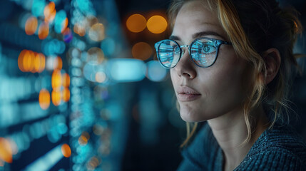 Woman with Reflective Glasses Staring Thoughtfully. Generative AI image