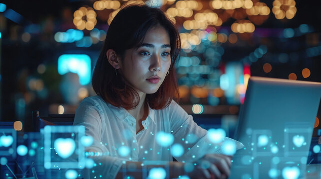 Young woman working on laptop with futuristic interface. Generative AI image