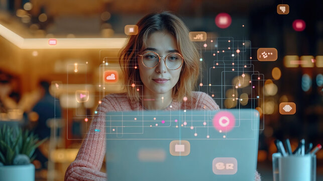 Woman using laptop with futuristic digital interface. Generative AI image