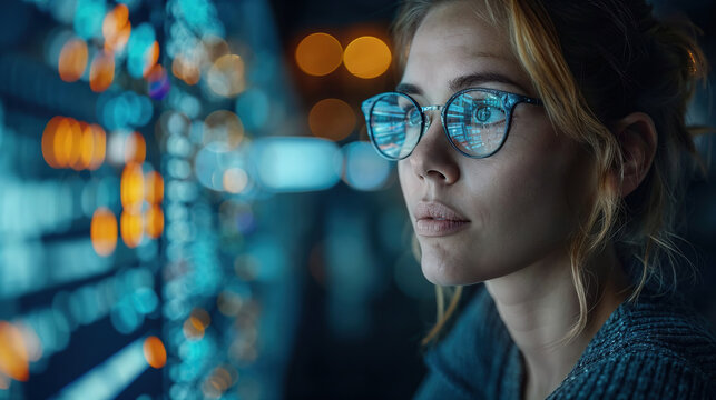 Woman with Reflective Glasses Staring Thoughtfully. Generative AI image