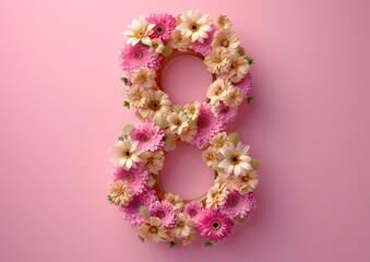 Floral Arrangement in the Shape of Number 8 on a Pink Background