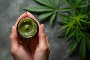 Green cannabis cream in a jar held in hands Generative AI image