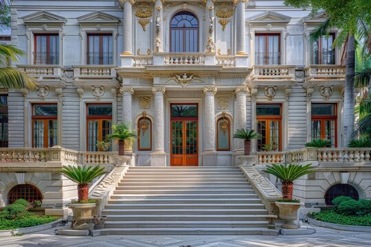 Colonial charm, building exterior design, stately mansion with symmetrical facades, ornate balconies, and grand entrances, reminiscent of an era of opulence and refinement