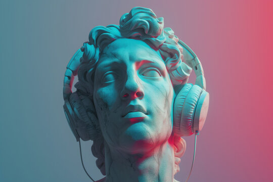 Classical statue with modern headphones in neon light Generative AI image