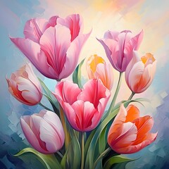 Pink and Orange Tulips Painting on Blue Background