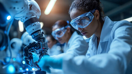 Engineers collaborating in robotics research laboratory. Generative AI image