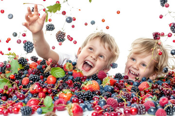 Fototapeta na wymiar Joyful children surrounded by vibrant berries and fruits against a clean white background
