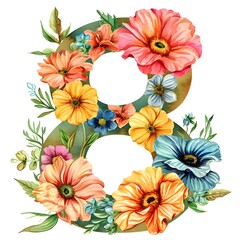 Vibrant Watercolor Floral Arrangement Around Golden Number Eight