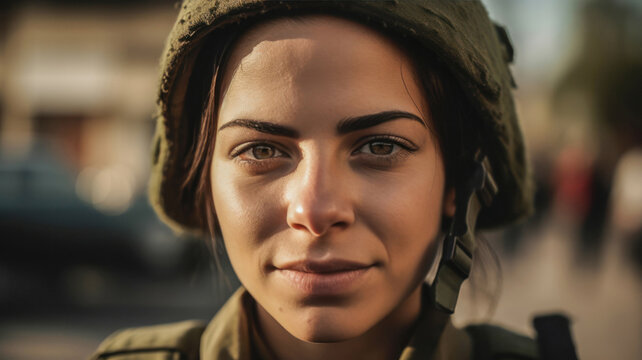 Generative AI illustration of portrait of a focused female soldier wearing a military helmet and uniform