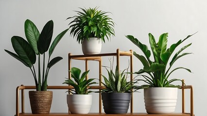Obraz premium Indoor Plant, A variety of plants in pots and vases adorn a room, adding a touch of nature to the interior design