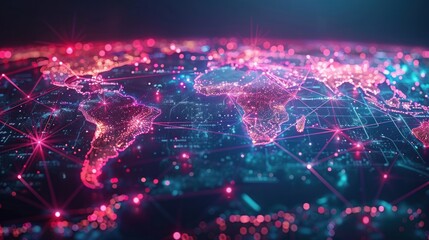 Obraz premium Abstract visualization of global network connectivity with dynamic lines and light effects representing digital data flow.