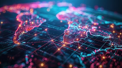 Abstract visualization of global network connectivity with dynamic lines and light effects representing digital data flow.